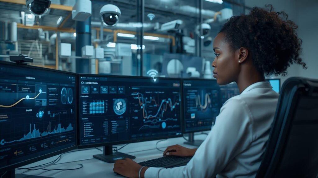 IT engineer monitoring connected Internet of Things (IoT) devices and real-time data dashboards in a modern smart workplace.