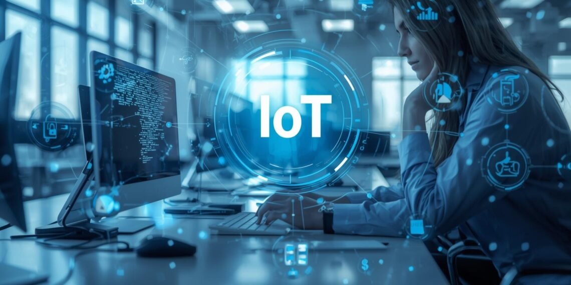 Internet of Things (IoT) showing connected devices communicating through smart networks