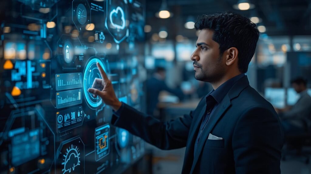 Professional using Internet of Things IoT technology and smart connected devices in a modern workplace